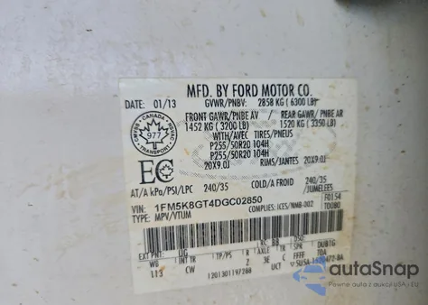 2013 Ford Explorer Sport z USA, uszkodzony, nr VIN 1FM5K8GT4DGC02850